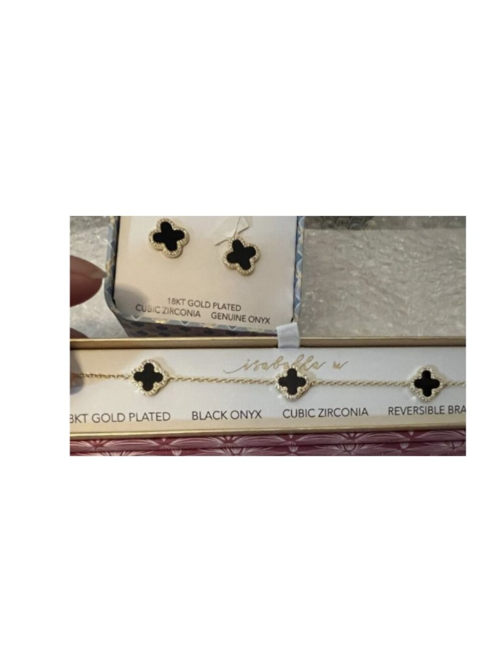 Isabella M 18K Gold Plated Cubic Zirconia Black clover earrings & bracelet New
